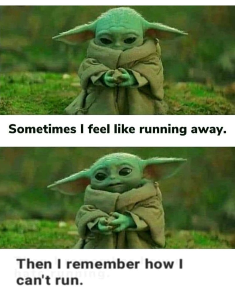 A meme of baby Yoda with the words, "Sometimes I fee like running away. Then I remember how I can't run."