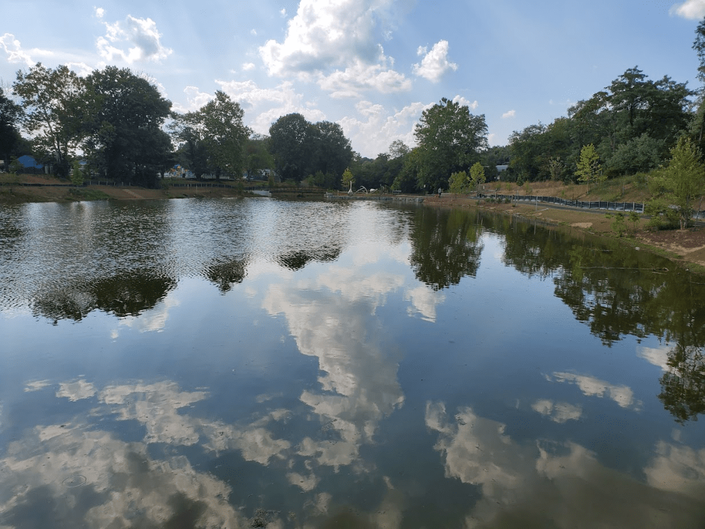 Color photo of a pond with the blue sky, clouds, and surrounding trees reflected in its surface.