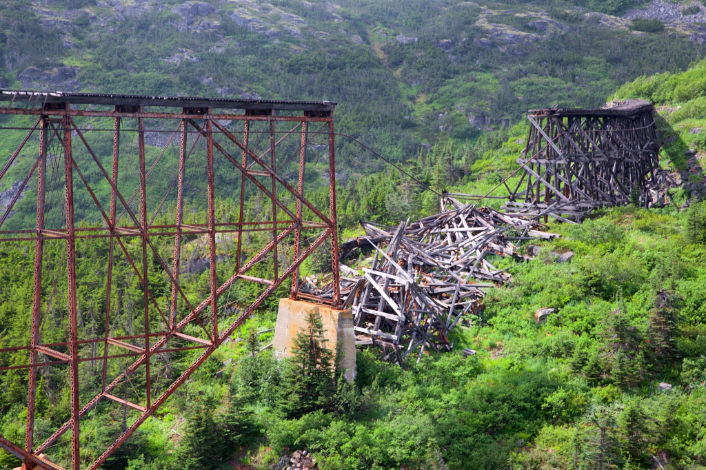 Photo by Brian Kelly on Unsplash. Color photo of a collapsed wooden trestle bridge. Part of the rusted bridge over a valley still stands, but a section of it is gone, just wooden rubble on the ground below. 